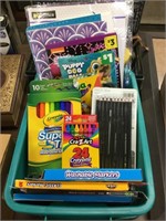 Tub of school supplies
