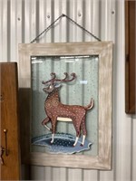 Handmade reindeer painting on glass, with wood