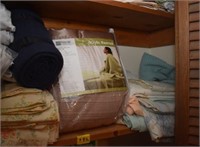 ASSORTED SHEETS, PILLOW CASES, BLANKETS ON SHELF