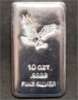10 Troy Oz .999 Fine Silver Poured Bar w/Eagle