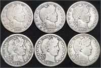 6 Barber Silver Quarters 1908-1915