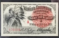 1893 Columbian Exposition Ticket w/Chief, Mint