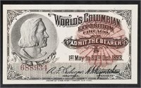 1893 Columbian Exposition Ticket w/Columbus
