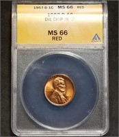 1957-D Die Chip Wheat Cent ANACS MS66 Red