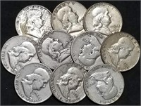 10 Franklin Silver Half Dollars 1948-1954
