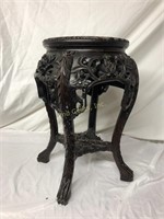 Signed, Carved Wood And Marble Table/Plant Stand