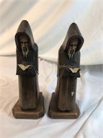 2 Wood Carved Monks Holding Bible With Rosary