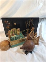 Misc Lot Wood Picture, 2 Trinket Boxes, Statue,