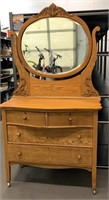 Antique 4-Drawer Dresser W/ Oval Mirror