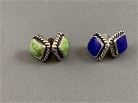 2Pr Sterling Silver Earrings w Blue & Green Stones