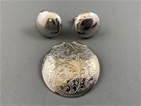Chased Sterling Silver Brooch and Earrings