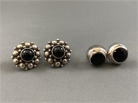 2Pr Sterling Silver Earrings w Black Cabochons