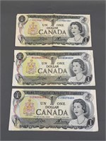 Lot of 3 1973 Canadian One Dollar Bills