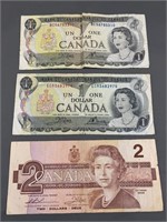 Lot of 2 1973 Canadian One Dollar Bills & 1 1976