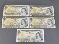 Lot of 5 1973 Canadian One Dollar Bills