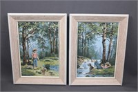 Pair of C1950 Fishing Oil Paintings