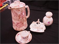Four vintage china items: inkwell with stand and
