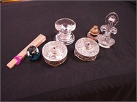 Seven items including a heavy crystal candleholder