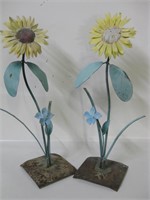2 Metal Sunflower Yard Art Flowers - Signed