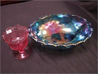 Two pieces of colored glass: pink Fenton 5 1/2"