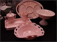 Six pieces of pink milk glass: 15" tray,