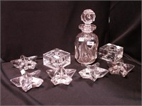 Seven pieces of crystal: dresser bottle with