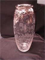 Vintage etched crystal 12" high vase with silver