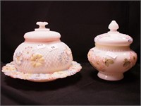 Two pieces of Cosmos glass: covered butter dish,
