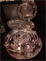 Four serving pieces of silverplate; tray