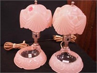 Pair of pink frosted boudoir lamps with matching