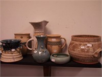 Seven pieces of contemporary art pottery:  two