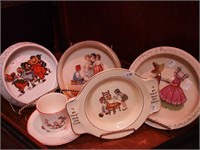 Six vintage baby china pieces: four are bowls