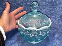 Fenton blue opalescent cover candy dish