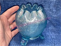 Fenton blue iridescent 3-footed vase