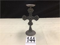 CAST IRON ORNATE CROSS CANDLE HOLDER