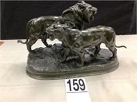 A. BARYE ROARING LION AND LIONESS IN SPELTER