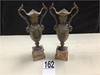 TWO WHITE METAL DECORATIVE PIECES W/ MARBLE BASES