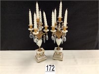 WHITE MARBLE AND BRASS CANDELABRAS W/ GLASS PRISMS