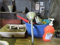 Bucket Assortment of Funnels and Wire Brushes
