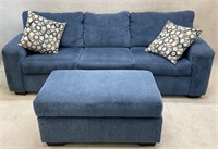 Blue Upholstered Sofa with Ottoman