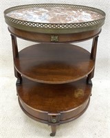 Round Mahogany Marble Top Three Tier Accent Table