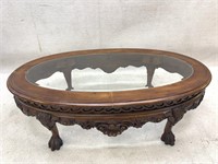 Oval Carved Wood Glass Insert Coffee Table