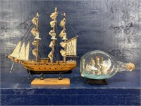 SHIP IN A BOTTLE AND SMALL MODEL CLIPPER SHIP