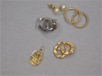 14K gold cat charm - 2 pair 14K? hoop earrings -