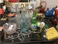 Vintage Bottles, Brass Carousel Horse, Glassware.