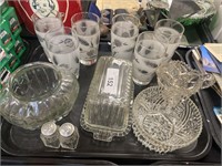 Etched glasses, butter dish, press glass dishes.