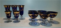 Lot of 10 Cobalt Blue Glasses w Gold Decor