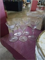 5 etched glass sherry glasses