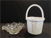 White Pottery Basket & Crystal Candy Dish