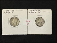 Two Mercury Dimes - 1921-D and 1924-D